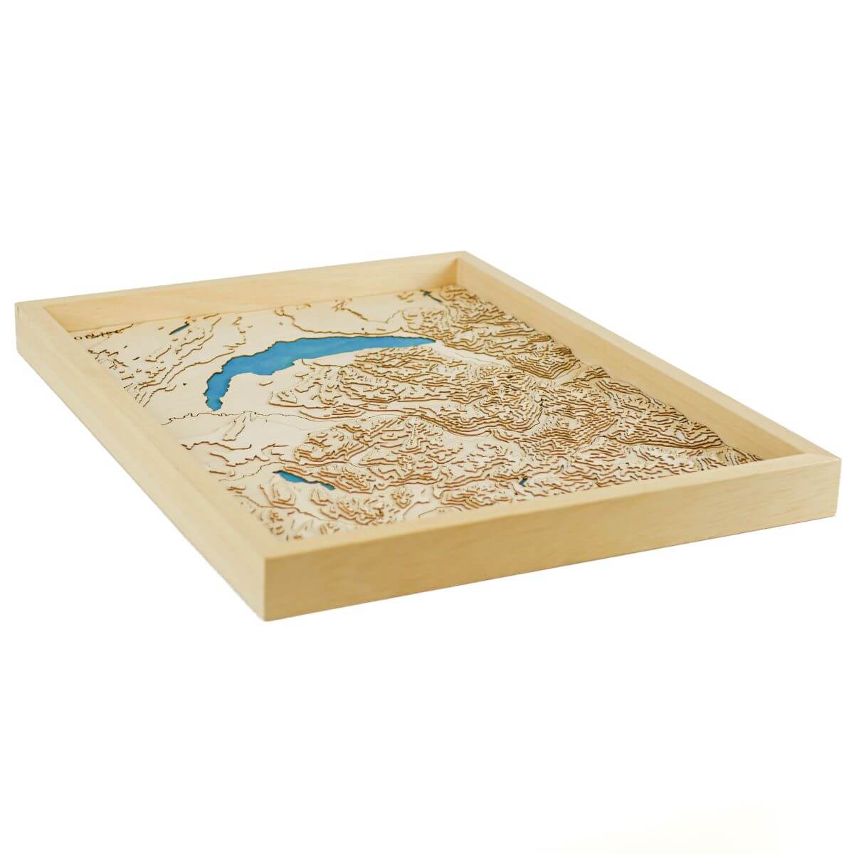 Détails du relief de la carte du lac Léman et de la Savoie en bois