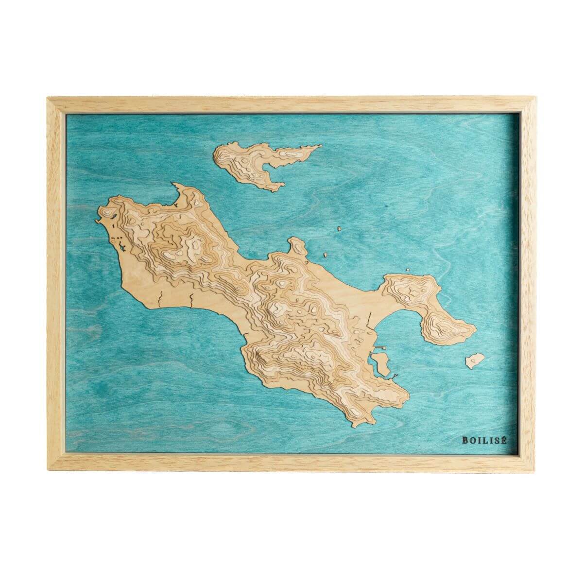 Carte de Praslin (Seychelles) en bois avec eau turquoise